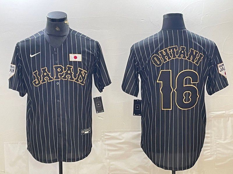 Men 2025 World Cub Japan #16 Ohtani Black Stripe Nike MLB Jersey style 12